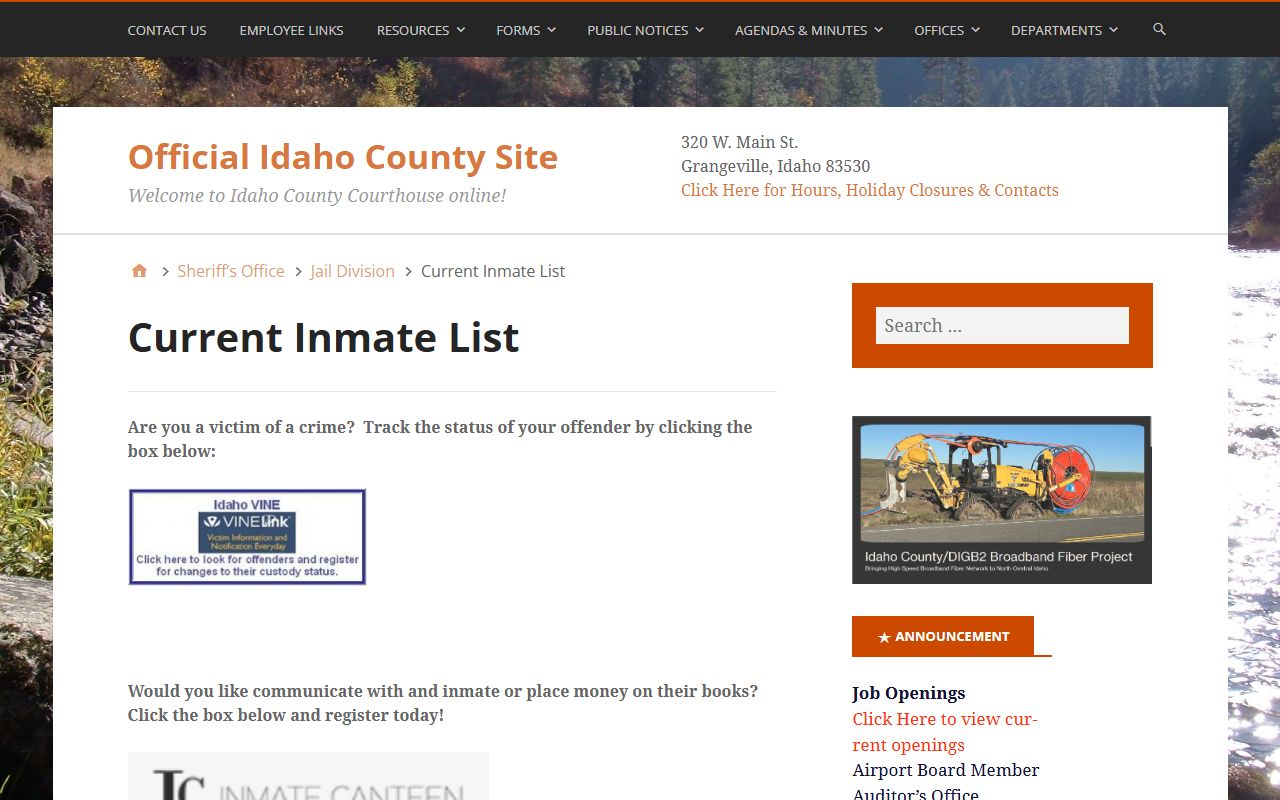 Idaho County jail roster current inmate list with booking photos and custody entries