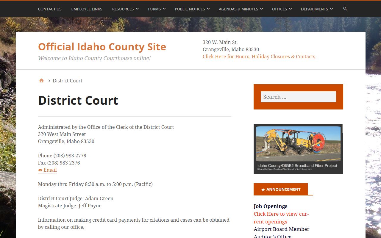Idaho County court records after jail arrest District Court contact page