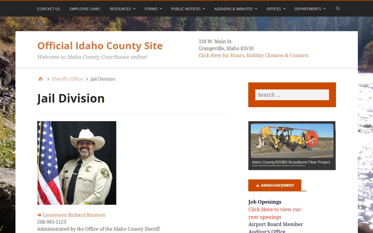 Idaho County Jail Division page with jail roster and custody information