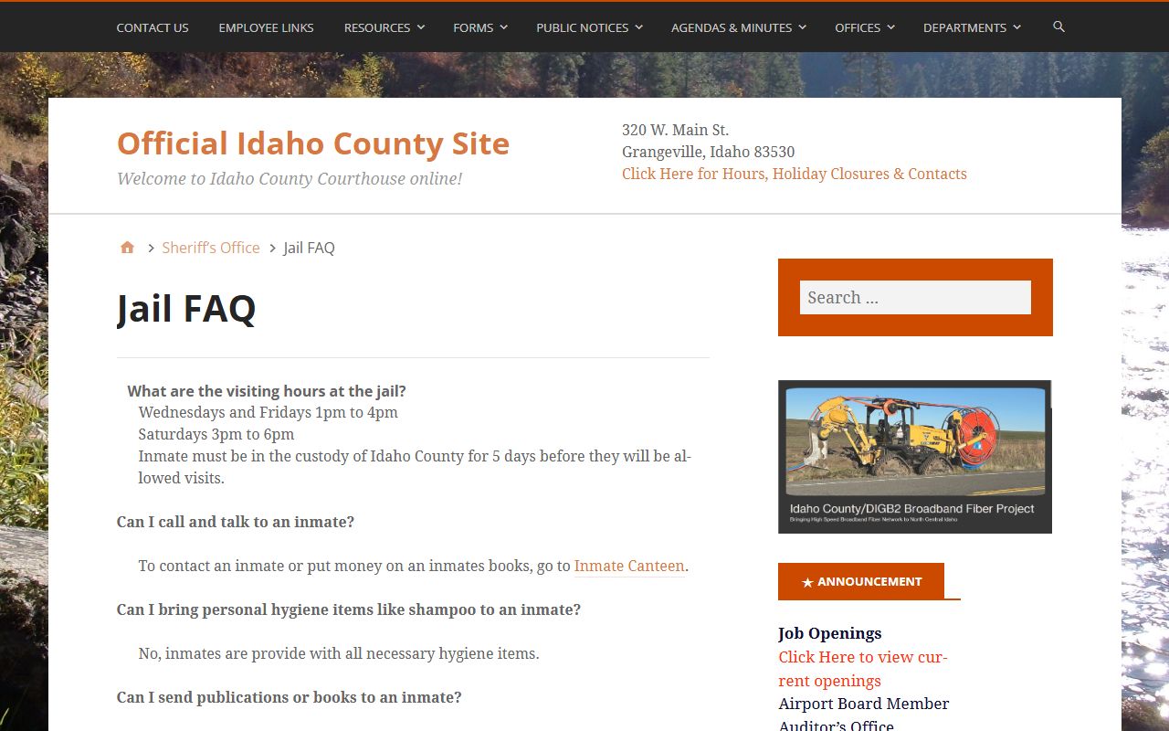 Idaho County Jail FAQ with visiting mail and inmate money rules