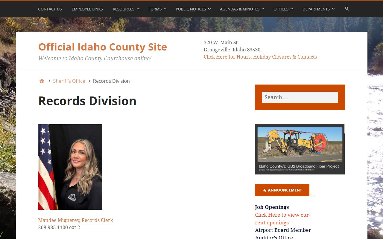 Idaho County booking photo public records request and Records Division page