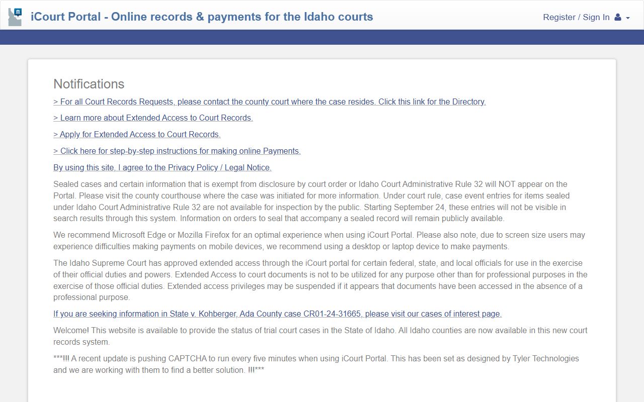 Idaho County court records after arrest iCourt portal search options