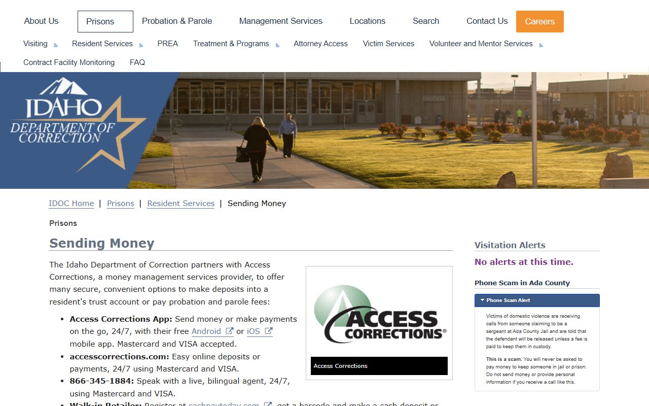 Access Corrections deposit methods for North Idaho Correctional Institution residents