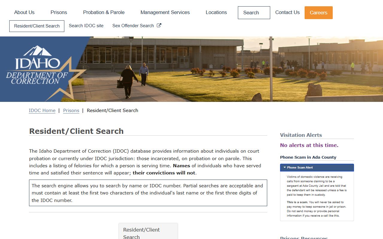 IDOC Resident Client Search for North Idaho Correctional Institution inmate lookup