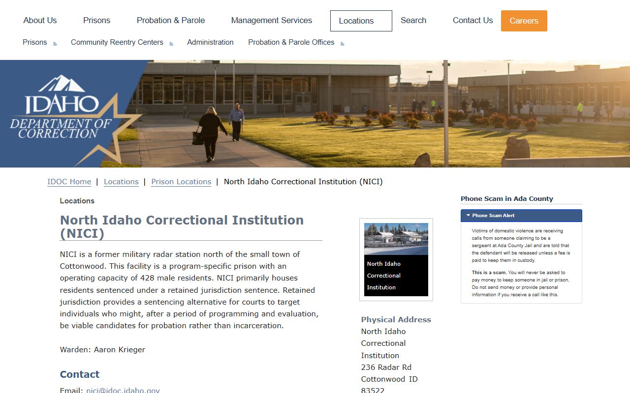 North Idaho Correctional Institution facility page with IDOC inmate lookup context